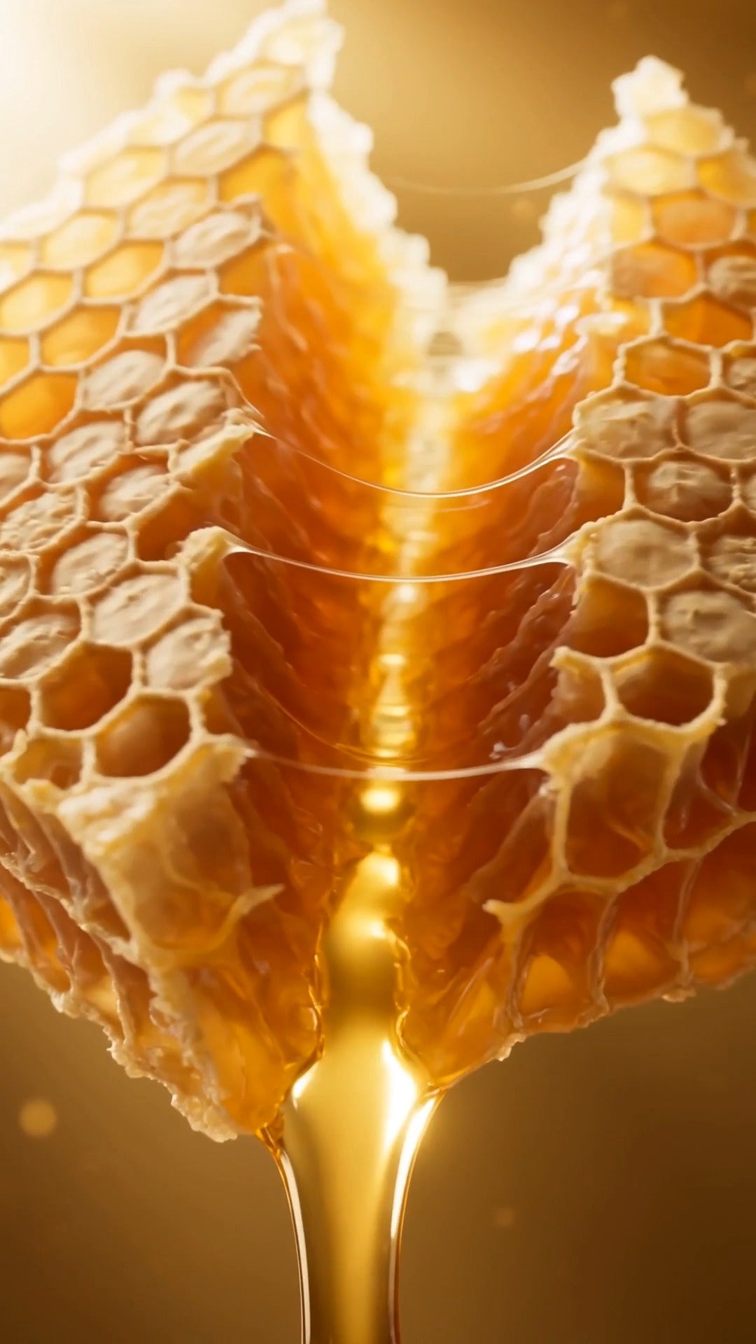 Raw unfiltered honey pouring from natural honeycomb before bottling