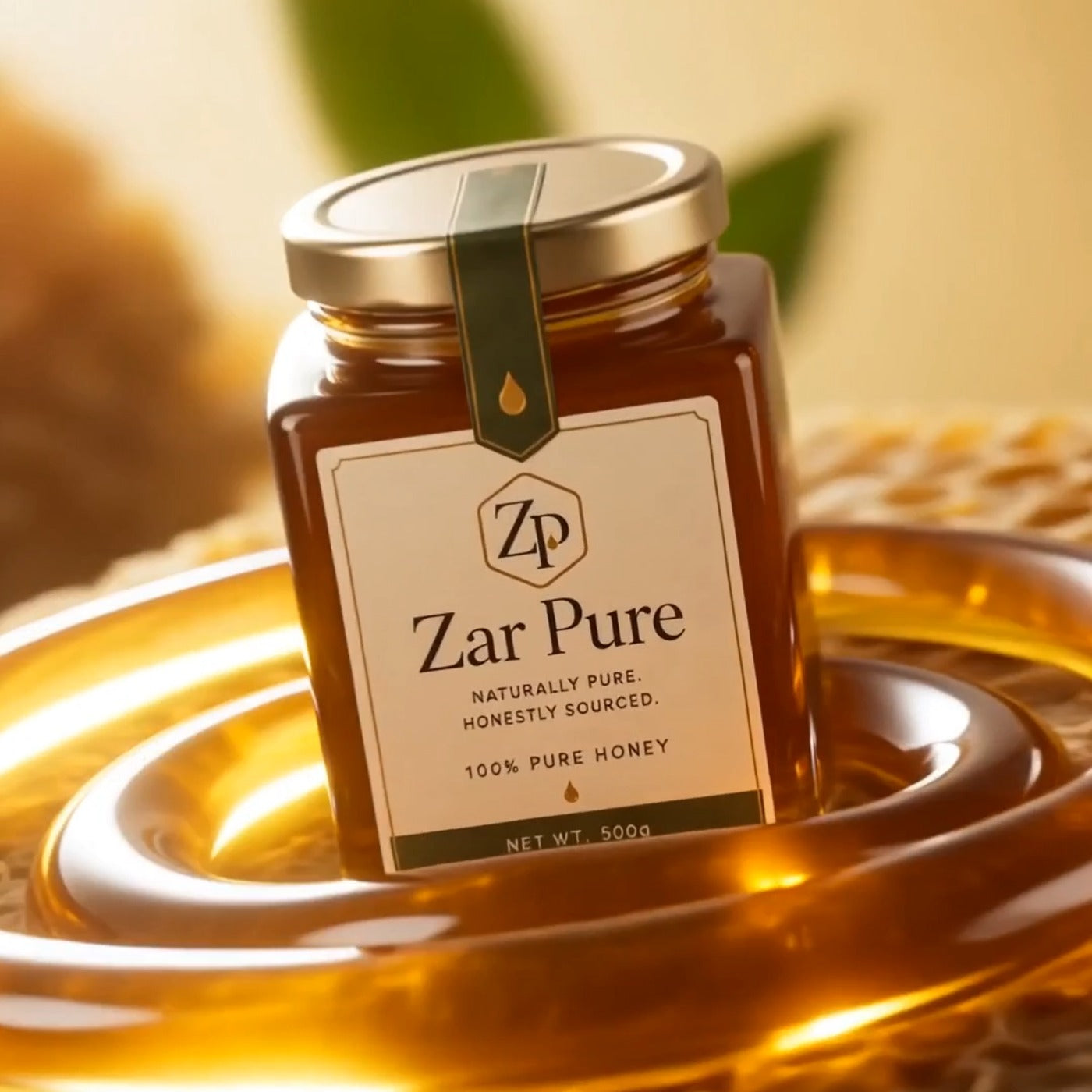 Zar Pure honey jar resting in a swirl of raw honey on fresh honeycomb