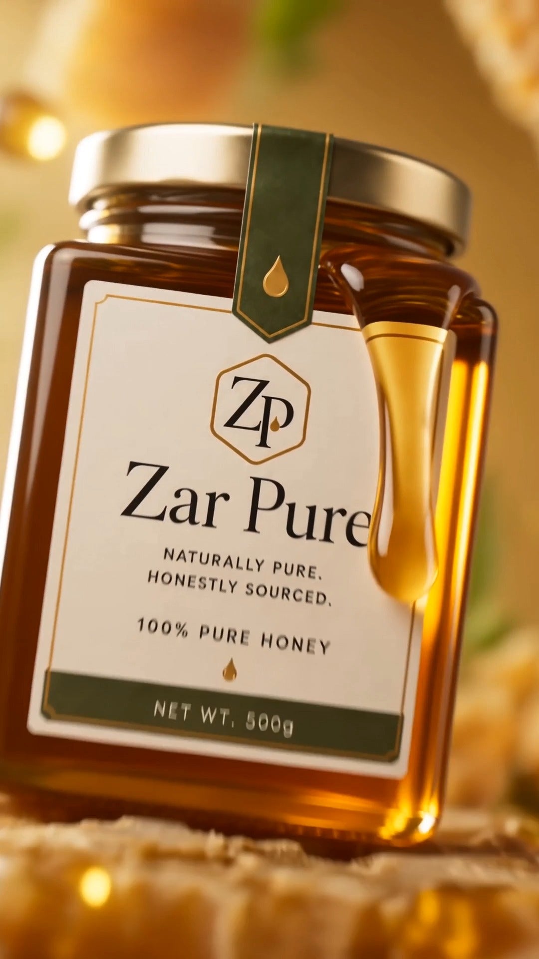 Close-up of the Zar Pure honey label reading 100% pure honey, naturally pure and honestly sourced
