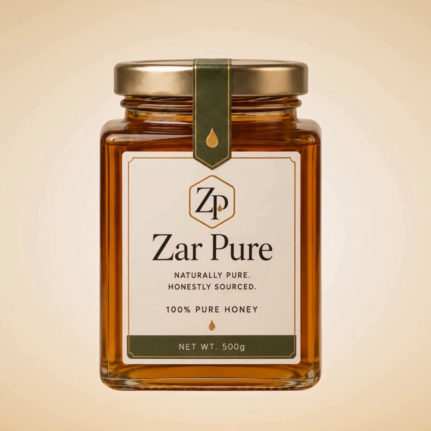 Zar Pure jar of pure Hunza honey, 500g, on a cream background